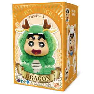 Toy figure in a green costume with a dragon design on a box