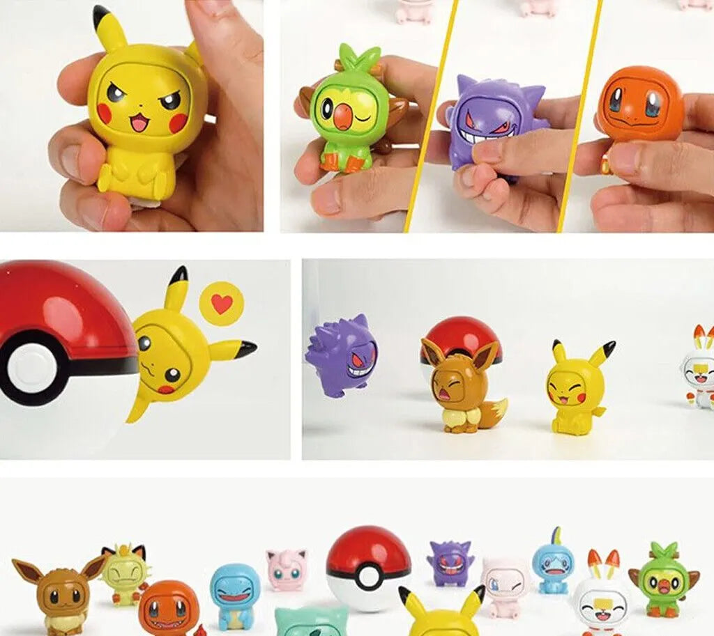 Collection of pokemon figurines. Pikachu peaking behind pokeball, Pikachu and friends. Happy pokemon figures