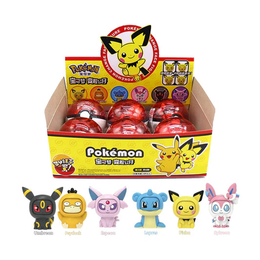 Pokémon figurines and Poké Ball packaging on a white background. Mini figures; eevee, pikachu, mew, scorbunny, poke balls
