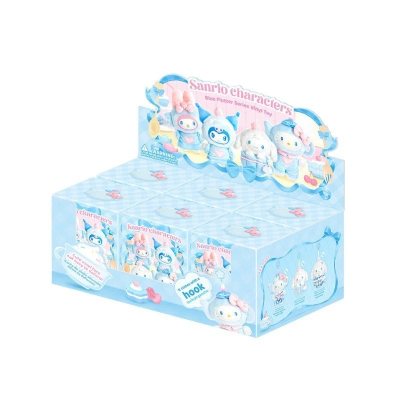 Display box of Sanrio character plush toys on a white background