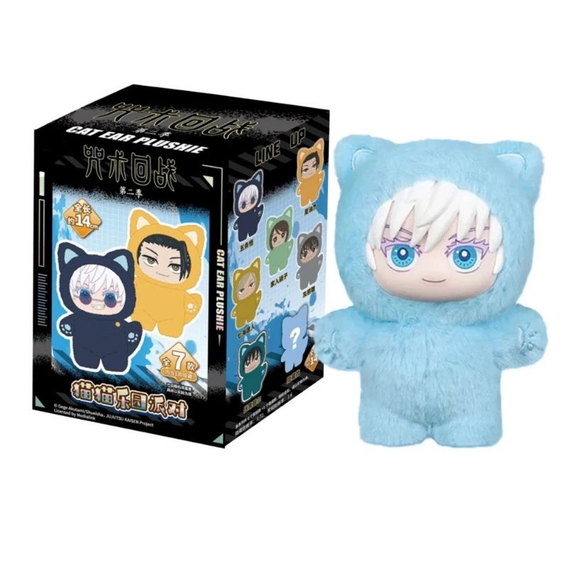 Blue plush toy with character design next to its packaging. Satoru Gojo Cat Ear Plushie. Secret blind box from the JJK Cat Ear Blind Box